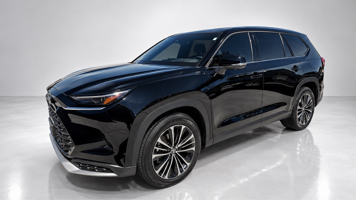 Gloss black Toyota three-row SUV shown from the front three-quarter angle on a reflective studio floor after polishing and waxing