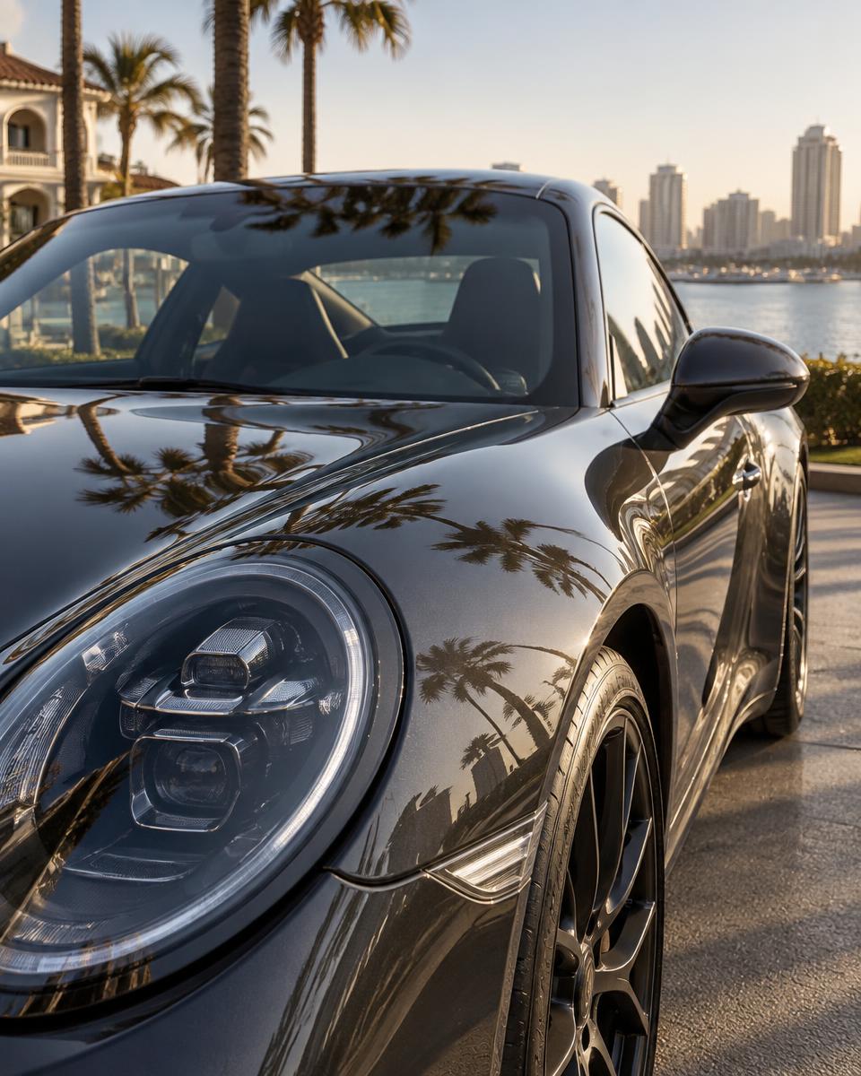 Mirror-like finish on a ceramic-coated dark vehicle