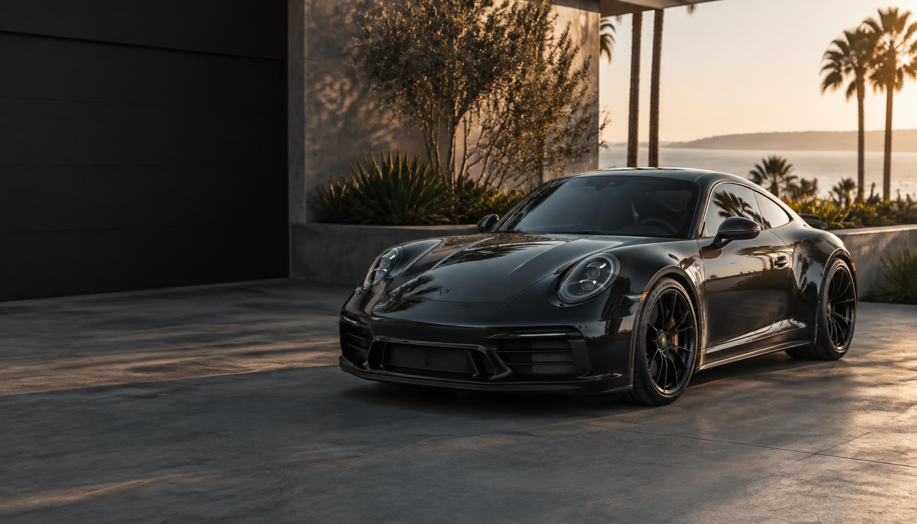 Freshly detailed black sports coupe in a sunlit California driveway